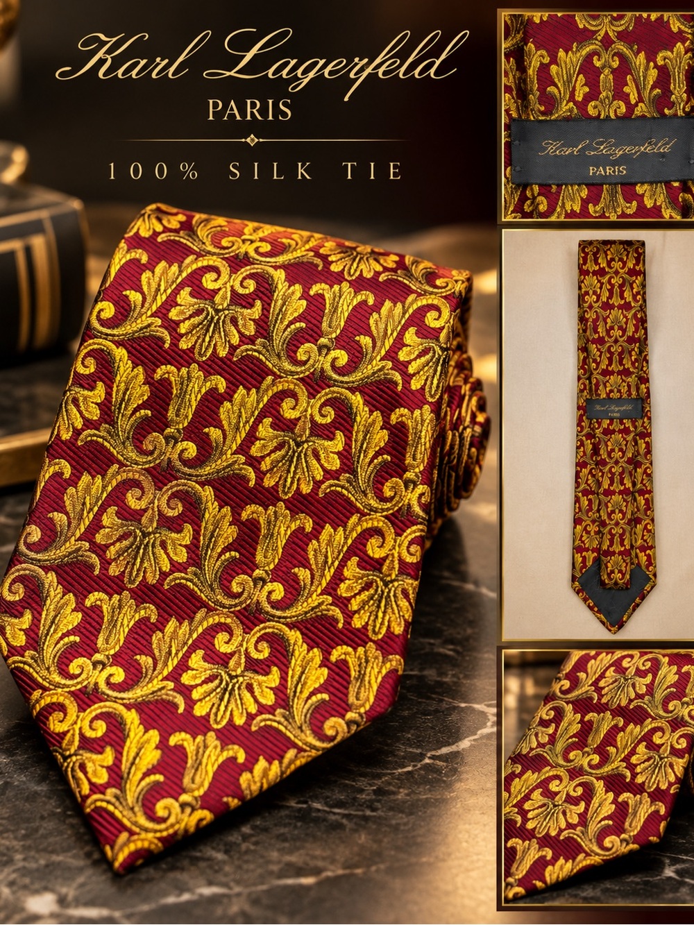 Karl Lagerfeld Red Silk Tie with Gold Baroque Motif